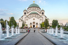 SERBIA, BELGRADE - JULY 04, 2018: View On Square With Fountains And Saint Sava Cathedral