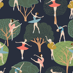 Seamless pattern of ballet dancers in different poses. on the background of trees