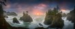 canvas print picture - Sunset between Sea stacks with trees of Oregon coast
