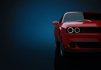 Side angle view of a generic red brandless American muscle car on a grey background . Transportation concept . 3d illustration and 3d render.