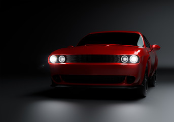 Wall Mural - Side angle view of a generic red brandless American muscle car on a grey background . Transportation concept . 3d illustration and 3d render.