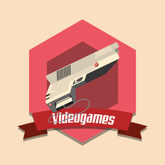 vintage videogames emblem with Video game gun  icon over orange background, colorful design. vector illustration