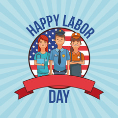 Sticker - Happy labor day card with people professions and jobs cartoons vector illustration graphic design