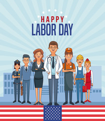 Poster - Happy labor day card with people professions and jobs cartoons vector illustration graphic design