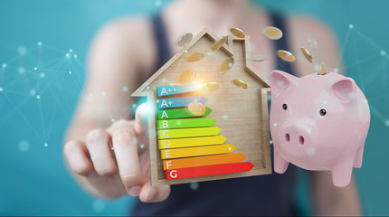 Wall Mural - businesswoman saving money with good energy chart rating 3d rendering