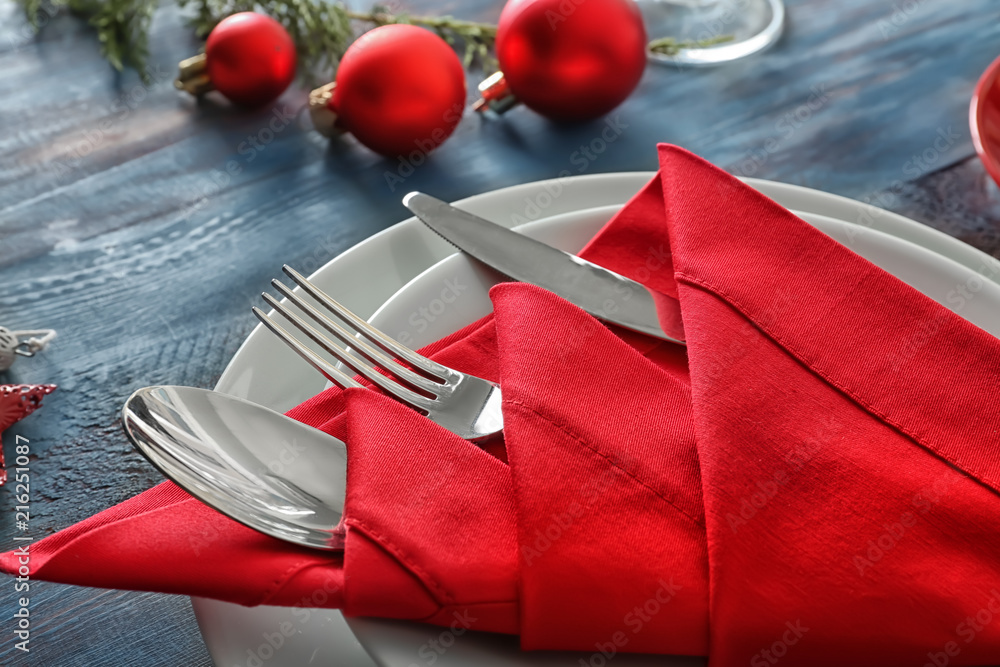 Beautiful table setting for Christmas dinner, closeup