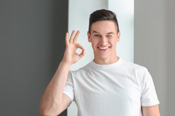 Handsome young man in casual clothes showing OK gesture near window