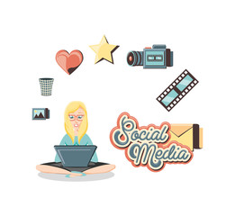 Wall Mural - woman with laptop social media icons vector illustration design