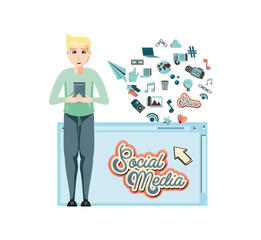 Sticker - man with smartphone social media icons vector illustration design