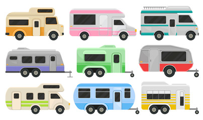 Wall Mural - flat vector set of classic camper vans and trailers. recreational vehicles. home of wheels. comfort 