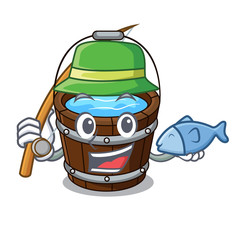 Wall Mural - Fishing wooden bucket mascot cartoon