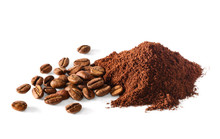 Pile Of Ground Coffee And Coffee Beans On White Background