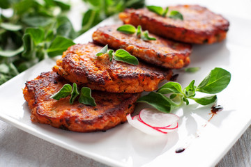 Wall Mural - Fried salmon and sweet potato patties