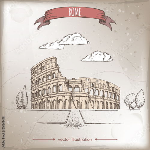Plakaty w stylach dekoracyjnych vintage-travel-illustration-with-colosseum-aka-coliseum-in-rome-italy
