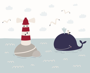 Wall Mural - Hand drawn vector illustration of a cute funny whale swimming in the sea, lighthouse, seagulls, clouds. Scandinavian style flat design. Concept for kids, nursery print.