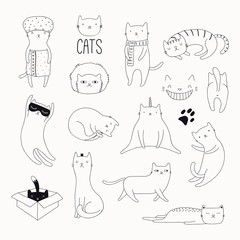 Wall Mural - Set of cute funny black and white doodles of different cats. Isolated objects. Hand drawn vector illustration. Line drawing. Design concept for poster, t-shirt, fashion print.