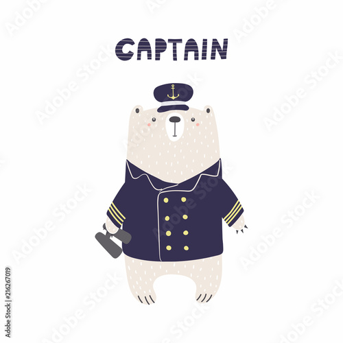 Hand drawn vector illustration of a cute funny bear sailor in captain cap, wi...
