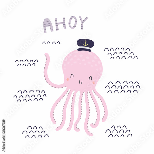 Hand drawn vector illustration of a cute funny octopus sailor in captain cap,...
