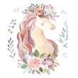 Vintage illustration with cute unicorn and floral wreath