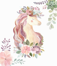 Vintage Illustration With Cute Unicorn And Flowers