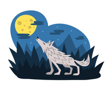 Wolf Howling At The Moon In The Woods At Night, Flat Style Vector Illustration. Midnight Werewolf Shapeshifting In The Forest. Cute Cartoon Animal Character. Halloween Scene.