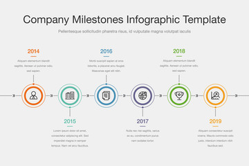 Aufkleber - Vector infographic for company milestones timeline template with colorful circles and icons, isolated on light background. Easy to use for your website or presentation.