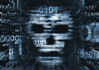 Computer virus skull concept. 
Illustration of Abstract Skull sign with binary codes on blue background. Concept for online piracy, hacking.