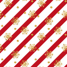 Christmas Gold Snowflake Seamless Pattern. Golden Snowflakes On Red And White Diagonal Lines Background. Winter Snow Texture Wallpaper. Symbol Holiday, New Year Celebration. Vector Illustration