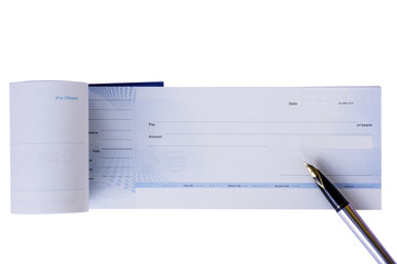 Wall Mural - Cheque book and pen isolated on white background.