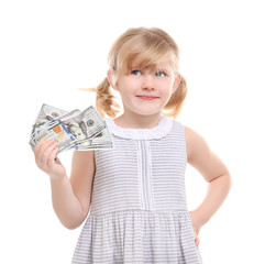 Poster - Cute little girl holding money on white background