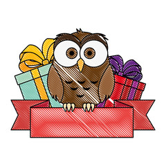 Poster - cute and adorable owl with gifts and ribbon