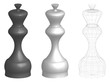 © elen31 - set of three 3d chess kings or queens, white, black, and frame lines silhouette, vector illustration isolated on white background