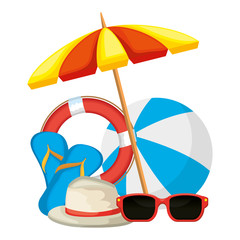 Poster - umbrella beach with vacations accessories vector illustration design