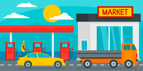 Sticker - Petrol station with market background. Flat illustration of petrol station with market vector background for web design