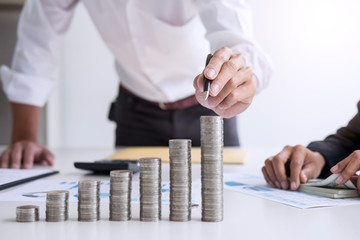 Poster - Business accountant or banker, Two business partner analysis with stock financial indices and growth stacking coin and financial costs wisely and carefully, investment and saving concept
