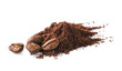Coffee beans and Ground coffee and on white background