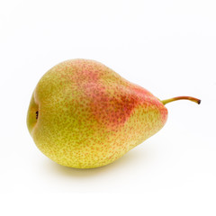 Fresh bio pear with leaves on isolated white background.