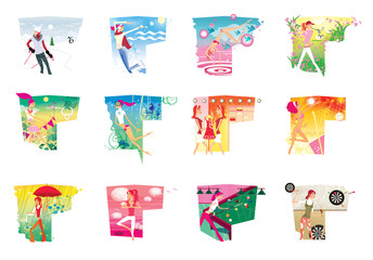 Wall Mural - Zodiac sports lady. A set of 12  images of a young girl in a zodiac sign on a complex background.