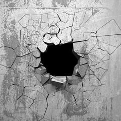 Dark cracked broken hole in concrete wall. Grunge background