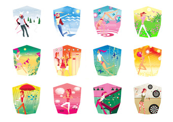 Wall Mural - Zodiac sports lady. A set of 12  images of a young girl in a zodiac sign on a complex background.