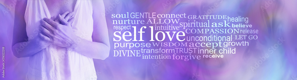 Self love word cloud - female torso holding hands over heart against a pink purple background with a SELF LOVE word cloud to the right side
 - obrazy, fototapety, plakaty 