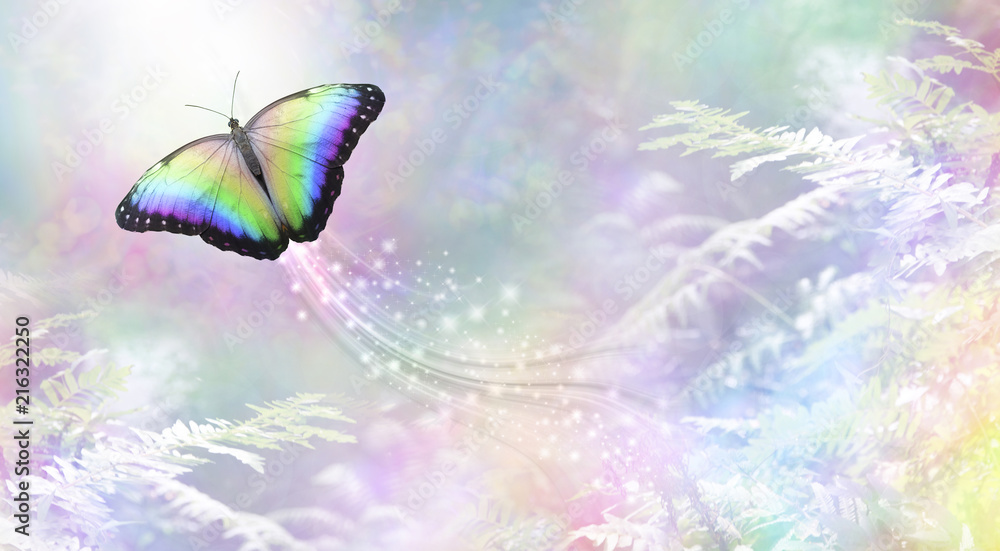 Metaphorical butterfly Into The Light departing soul - a rainbow coloured butterfly heading towards white light leaving a trail of sparkles against a rainbow coloured foliage background
 - obrazy, fototapety, plakaty 
