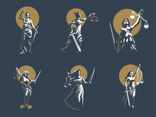 The Goddess Of Justice Themis. Set. Vector.