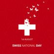Happy Swiss National day. Vector illustration. Switzerland. Swiss flag with butterflies. Independence day. Switzerland republic day greeting card