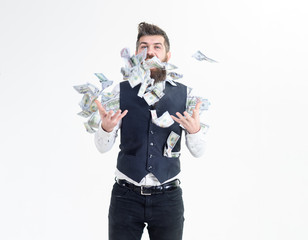 Wall Mural - Happy businessman winner throws money banknotes. Dollars. Business success, richness&wealth concept. Very wealthy business man. Businessman is happy with his money. Banknotes, cash dollars fly in air.