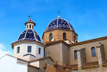 Catholic Church Of The Virgin Of Consol In Altea, Spain. Blue And White Domes With Moorish Motives Of The Old Spanish Cathedral.