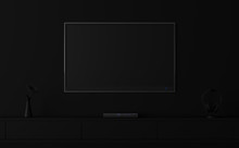 Minimal Style Image Empty Tv Screen 3d Render.There Are A Mysterious Dark Room, Decorate With Black Tv With Clipping At The Screen.