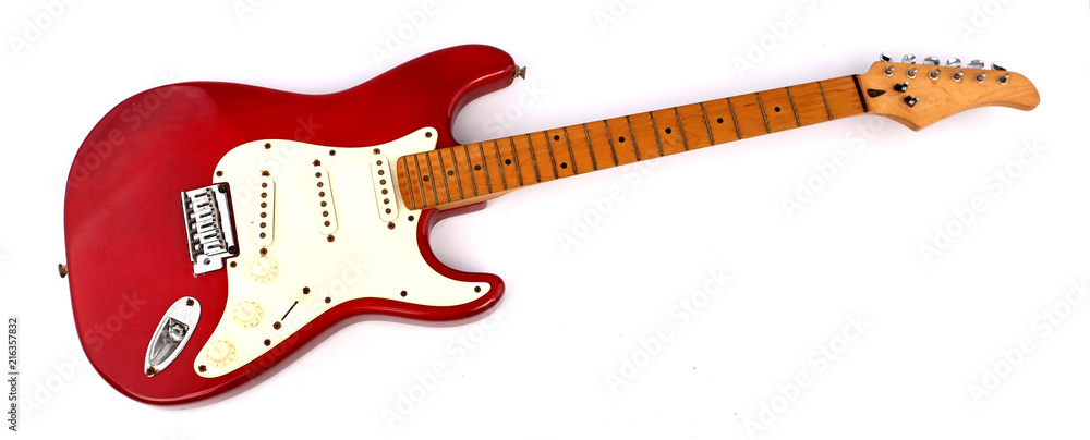 Red electric guitar with white backdrop. - obrazy, fototapety, plakaty 