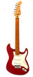 Red electric guitar with white backdrop.