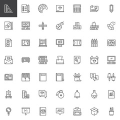  Back to school outline icons set. linear style symbols collection, line signs pack. vector graphics. Set includes icons as Ruler, Testing, Art, Chalkboard, Calculator, Computer, Pencil, Exam Abacus